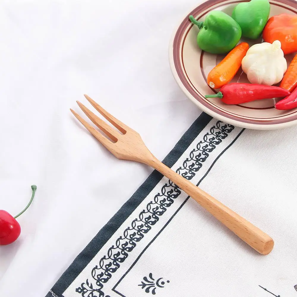 Natural Eco-friendly Wood Handle Ice Cream Dessert Salad Wooden Spoon Utensils Tableware Fork