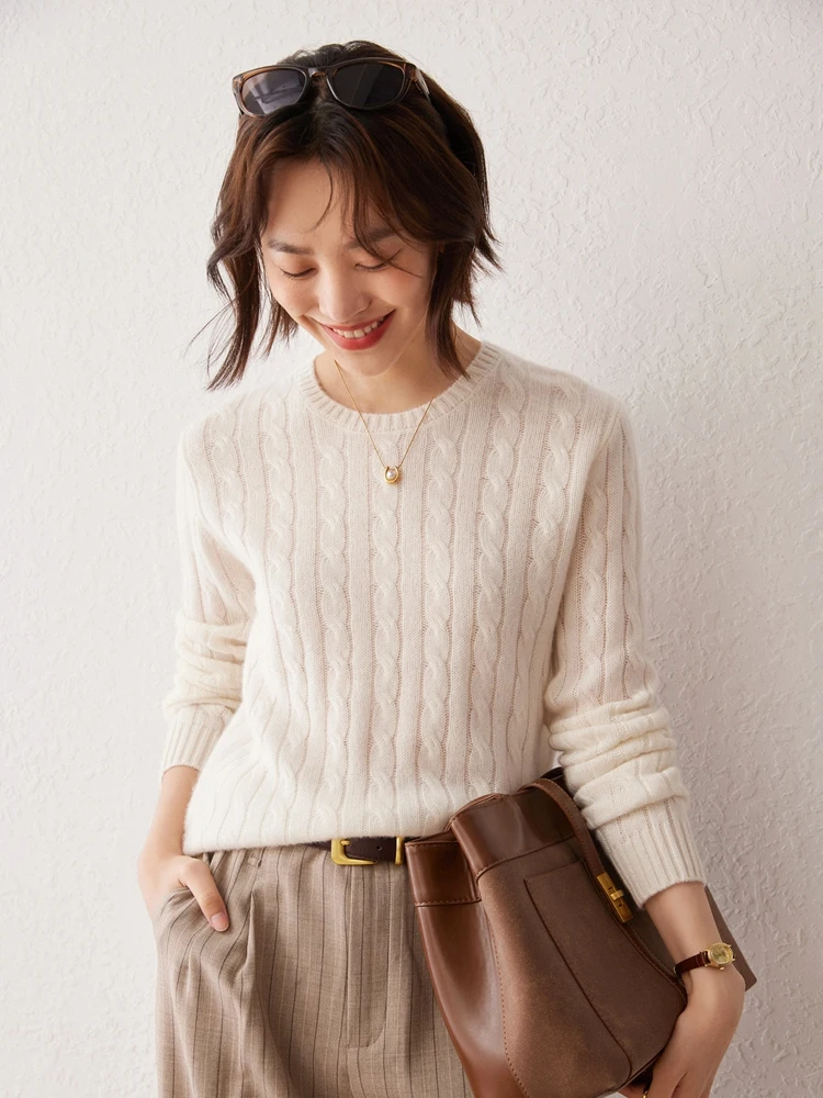 CHICUU Women 100% Cashmere Sweater O-neck Pullover Cable Knitting Vintage Preppy Style Cashmere Knitwear Autumn Winter Clothing