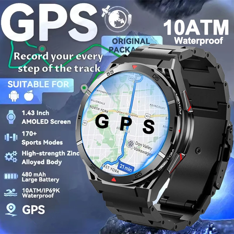 Новые GPS уличные спортивные умные часы для мужчин 1,43-дюймовый HD AMOLED-экран Компас Пульсометр BT Bluetooth Вызов IP69 Водонепроницаемые умные часы