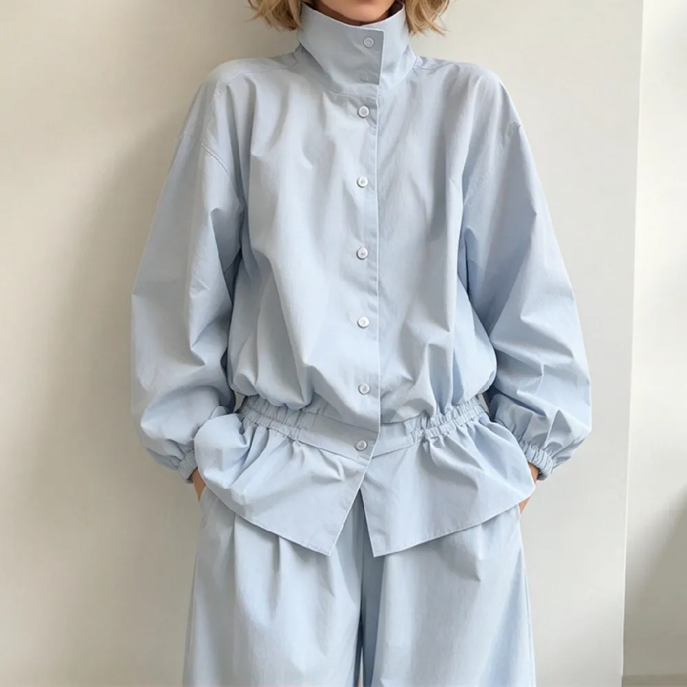 Women Autumn Zip Up High Collar Elastic Low Waist Ruffles Hem Sweatshirt + Loose Full Length Cuffed Pants Suits 2 Pieces 1 Set