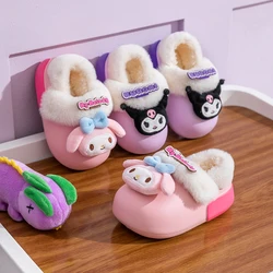 Sanrio dziecięce bawełniane Slipers Kawaii Kuromi dziewczęce zimowe pluszowe ciepłe buty wewnętrzne antypoślizgowe kapcie domowe