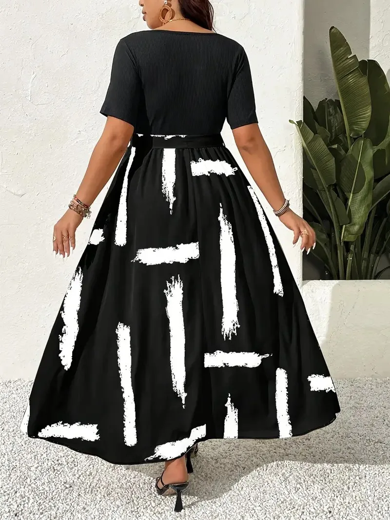 GIBSIE 플러스 사이즈 스쿠프 넥 반팔 벨트 드레스 여성 2025 여름 신상 프린트 캐주얼 휴가 A라인 스플릿 롱 드레스