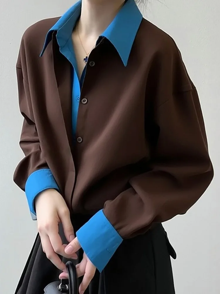 Chic Loose Long Sleeve Shirt Color Block Outerwear Faux Two-Piece Shirt Stylish Design Autumn New Arrival Women's Fashion