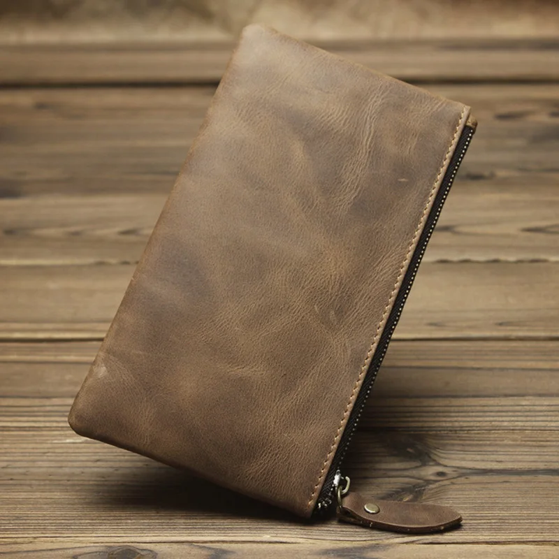 

Classic Pouch Men Vintage Cowhide Genuine Leather Purse Wallet Simple Long Style Purse Solid Khaki Zipper Wallets