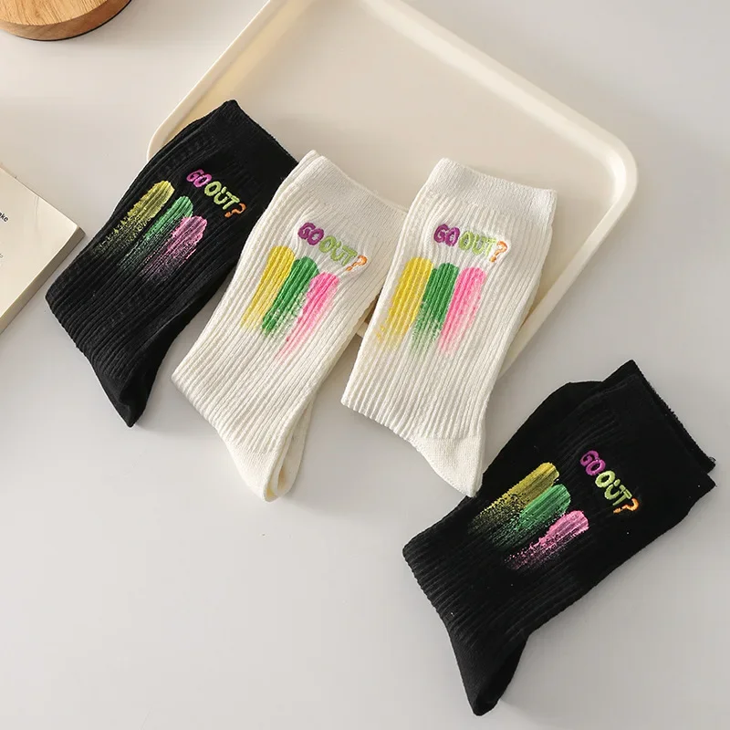 Women's All-Season Slouch Mid-Calf Sock–Colorful Doodle&Letter Print Casual Crew Sock,Soft Versatile Stacked Cuff for Daily Wear