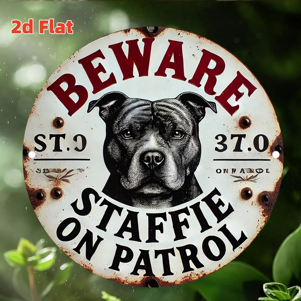 1PC Panneau métallique « Attention à la patrouille du Staffordshire Terrier », décoration murale en aluminium, impression haute définition, imperméable et résistant à la décoloration
