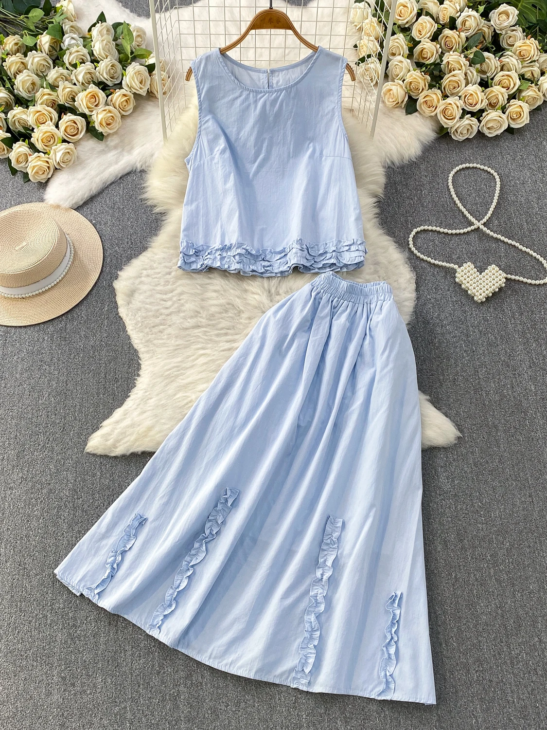 Sweet Girl Casual Sleeveless Vest Top High Waist Slim Design Wooden  A-Line Midi Skirt Two-Piece Set Fashionable Commute ...