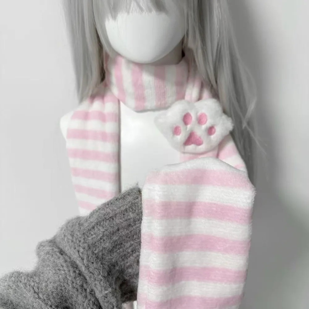 Cute Winter Knitted Scarf Warm Soft Stripe Scarf Y2K Kawaii Long Scarf for Women
