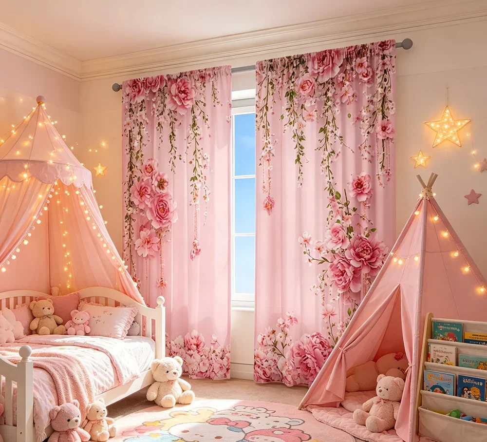 2PCS Digital Printed Curtains, Pink Flower Cluster Pattern, Romantic Floral Sweet Style for Living Room Bedroom Home Decor