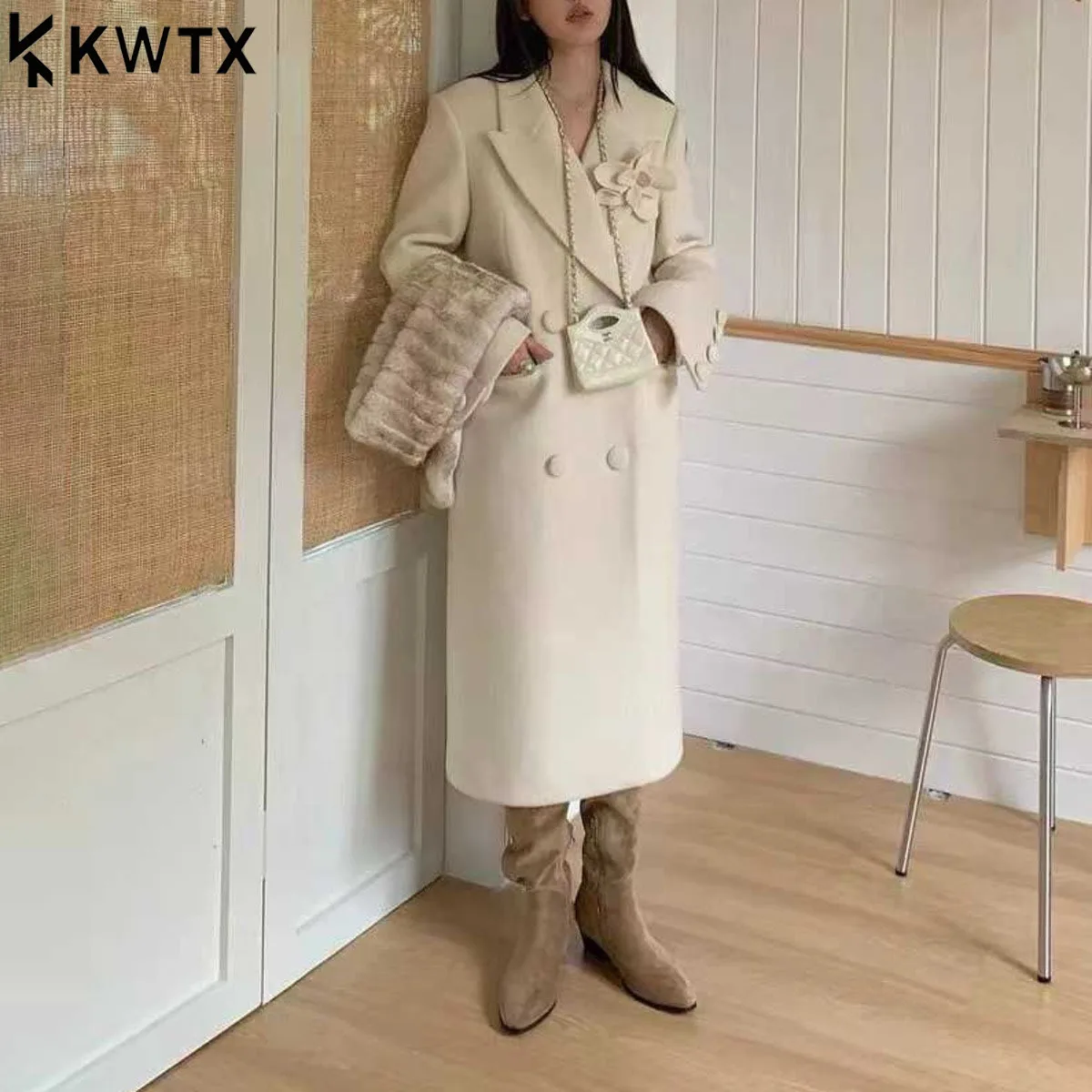 

KWTX женское однотонное винтажное длинное пальто из 100% шерсти, двубортное пальто с 3D цветочным карманом, новинка 2025 года, элегантное повседневное пальто