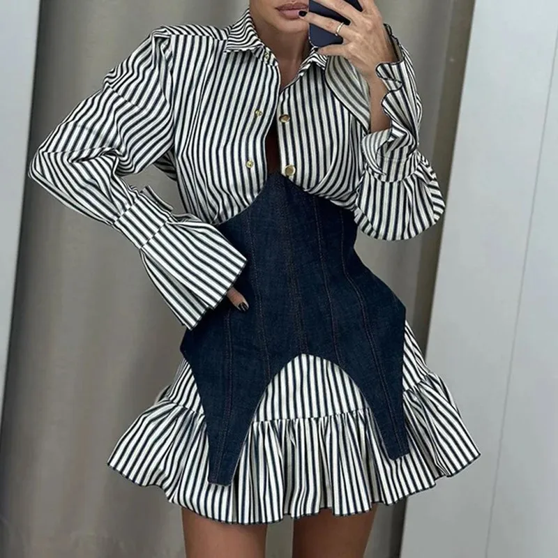 New Spring Office Long Sleeved Mini Dresses Elegant Striped Button Slim Shirt Dress Women\'s Casual Lapel Pleated Patchwork Dress