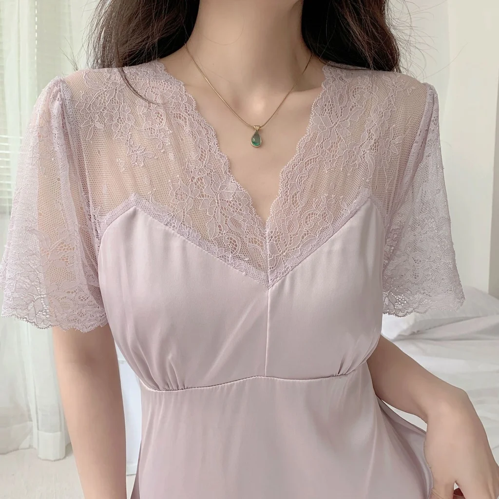 Lisacmvpnel 2023 New Style Nightdress Female Lace Sexy V-neck Hollow Out Sleepwear