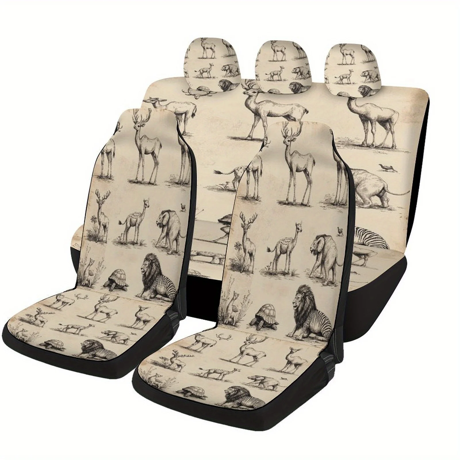 Wild Animals Sketches Themed Car Seat Covers Set For Most Cars, Fashionable Decorative Car Seat Protector Covers Full Set, Unive