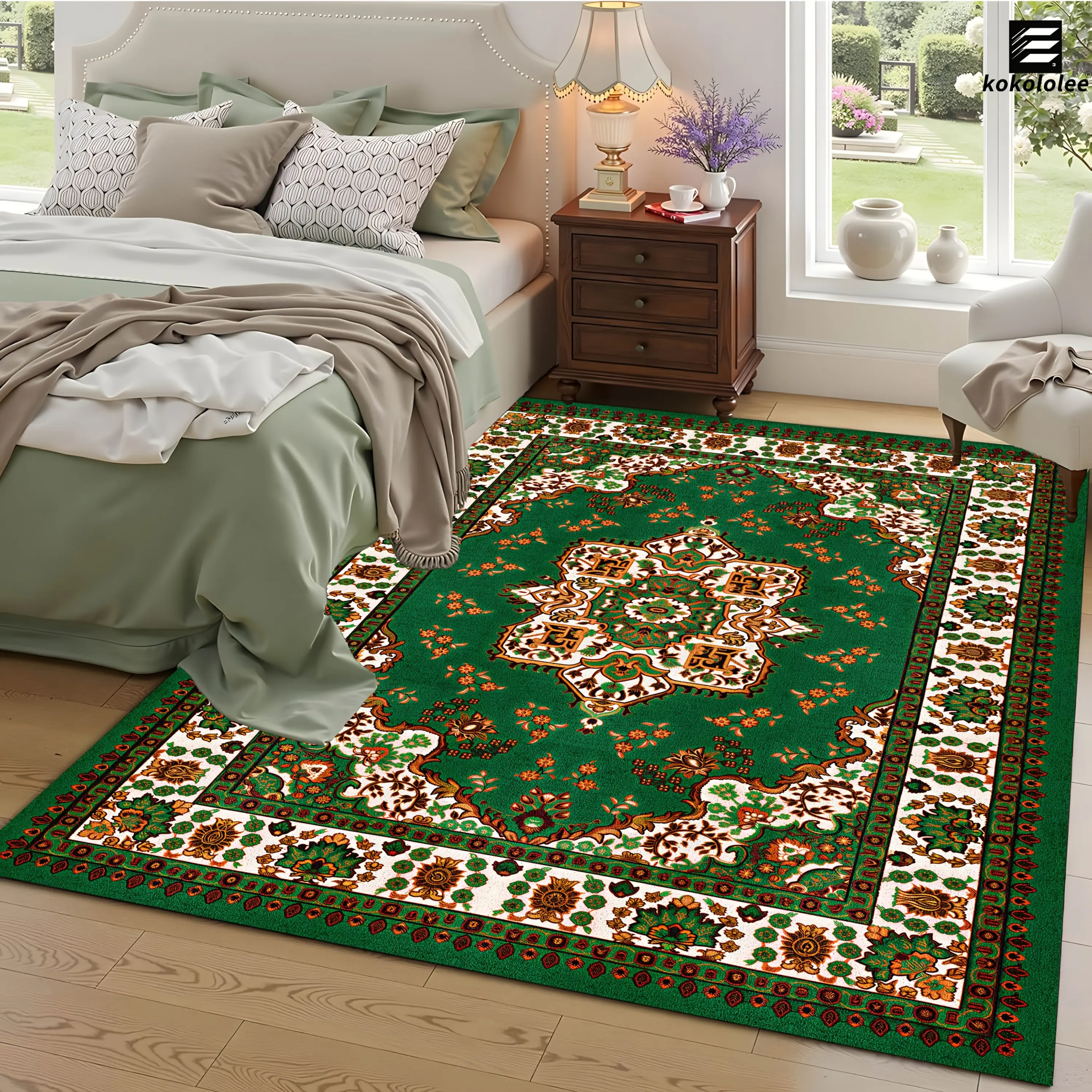 1pc Luxury Velvet Area Mat - Emerald Green Bohemian Persian Rug, Featuring a Non-Slip Backing And Machine Washable 100% Polyeste