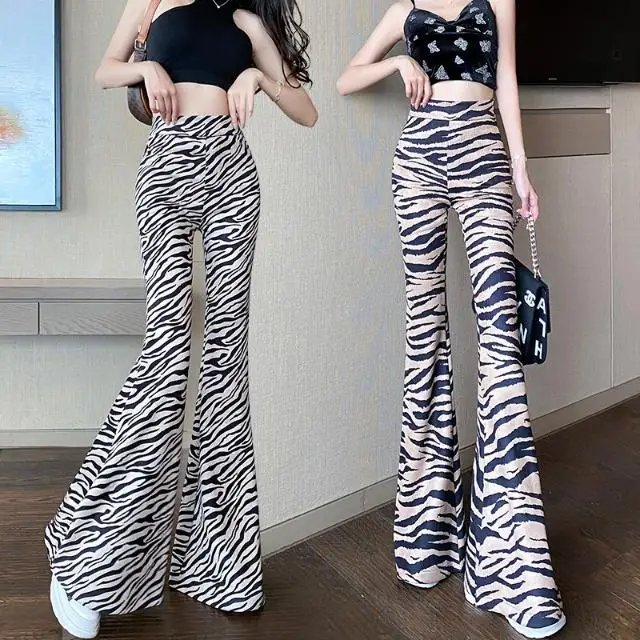 Thin Korean Version High Waisted Slimming Zebra Print Drape with Floor Dragging and Long Flared Casual Pants for Women