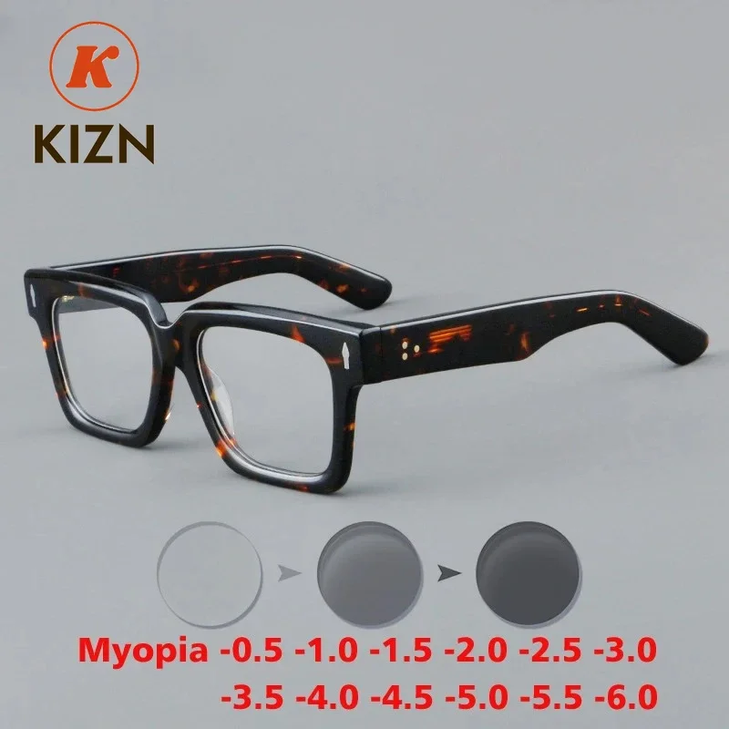 

KIZN Big Square Vintage Acetate Myopia Glasses Frame Men Prescription Anti-blue Discolor Women Luxury Eyeglasses -0.50 to