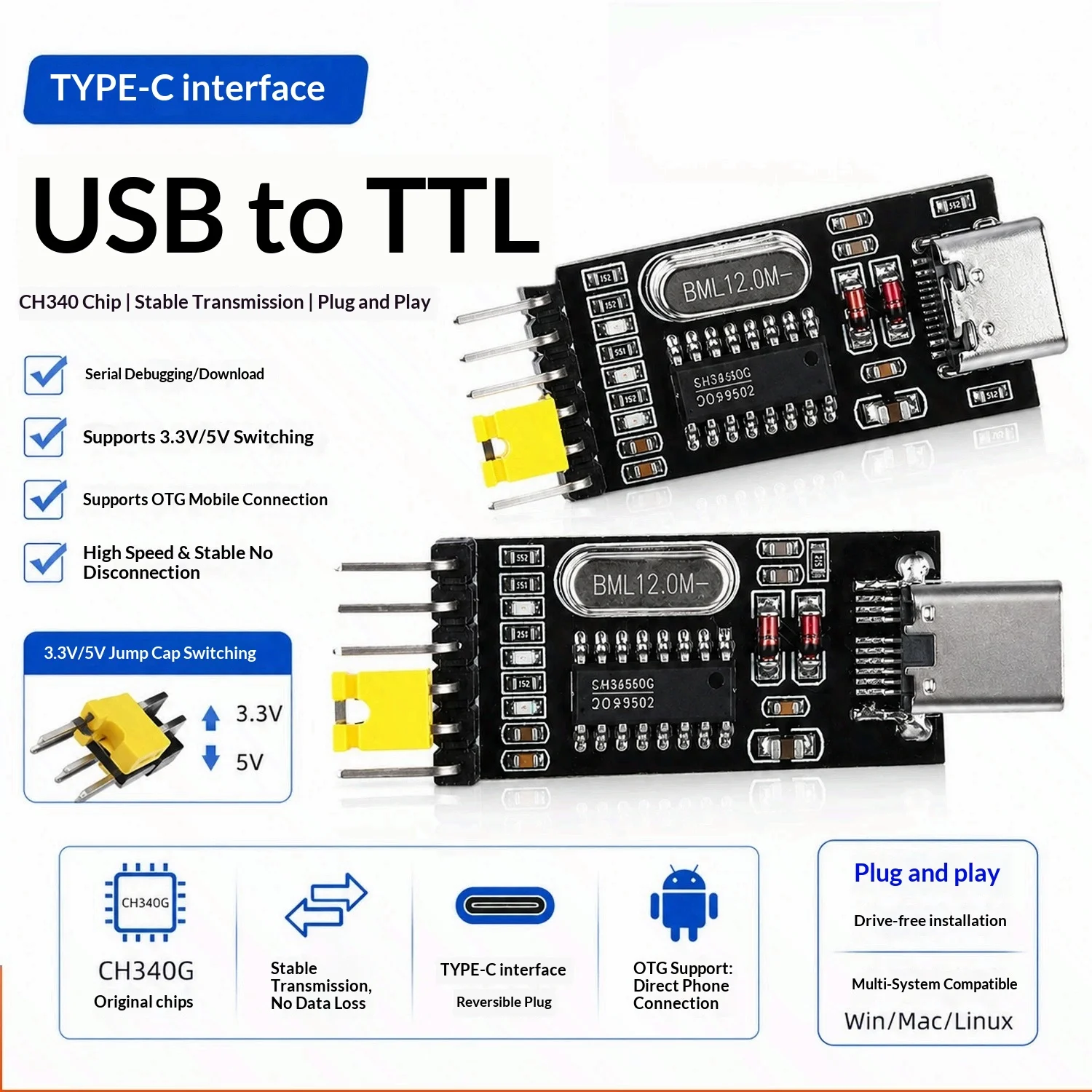 CH340 USB To TTL Serial Module TYPE C OTG Debug Download Small Converter Board