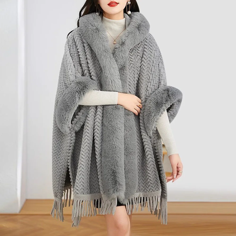 

Fashion Soft Plush Wraps Ladies Winter Faux Fur Cape Coat Hooded Women Shawl Thicken Fleece Poncho Long Loose Cardigan Cloak Top