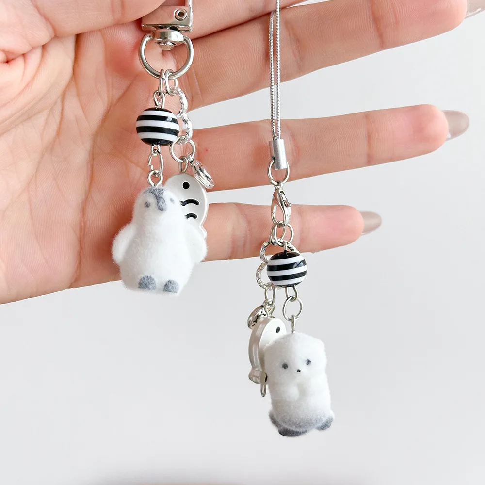 Cute Flocking Penguin Bear Small Pendant Keychain Sea Otter Keyring Bag Earphone Decoration Phone Chain Lanyard Accessories Gift