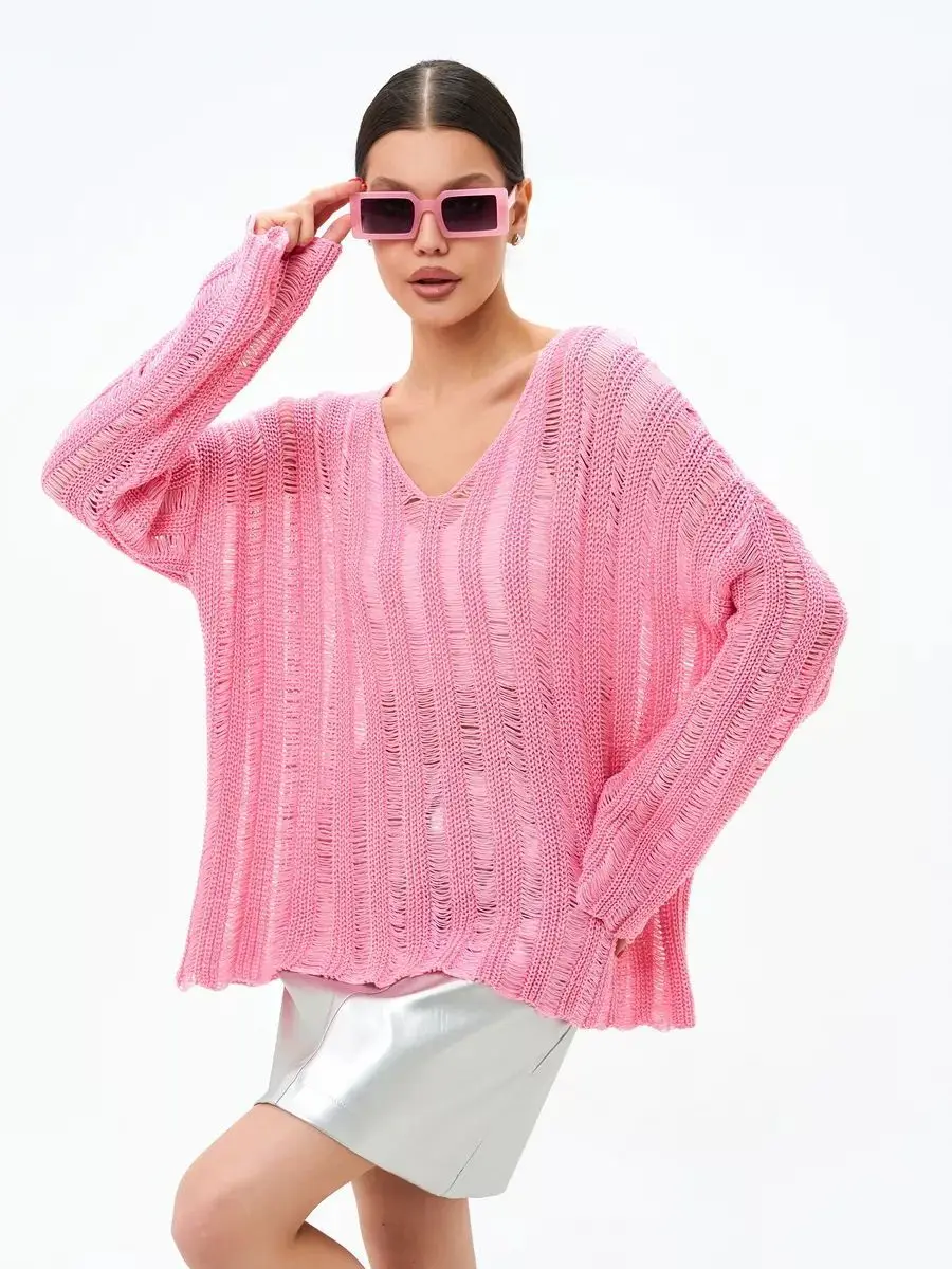 

2024 European and American Express hot-selling women's clothing hollow knitted sweater sexy see-through top