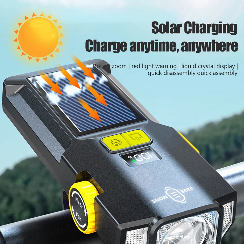 Multi-functional Solar Bike Headlight LED Bicycle Front Light with Zoom Red Warning Side Light Rechargeable Night Riding Safety