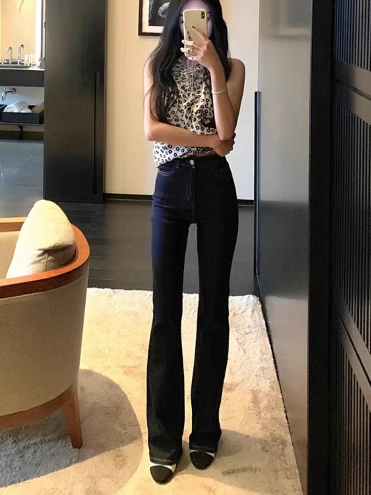 

Retro Deep Blue High Waist Slimming Jeans Women's Fall Winter New Sle Elastic Micro Flared Pants Cotton Stretch Denim