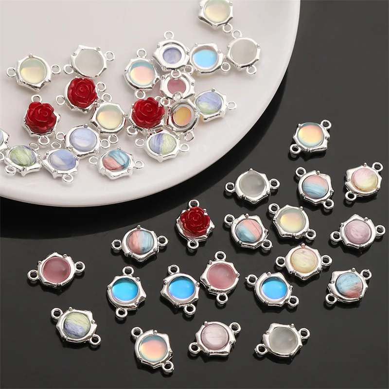 1pc Colorful 12x17.5mm Cat Eye Stone Alloy Charms Pendant For Jewelry Making 2 Holes Connectors Charms DIY Bracelet Earring