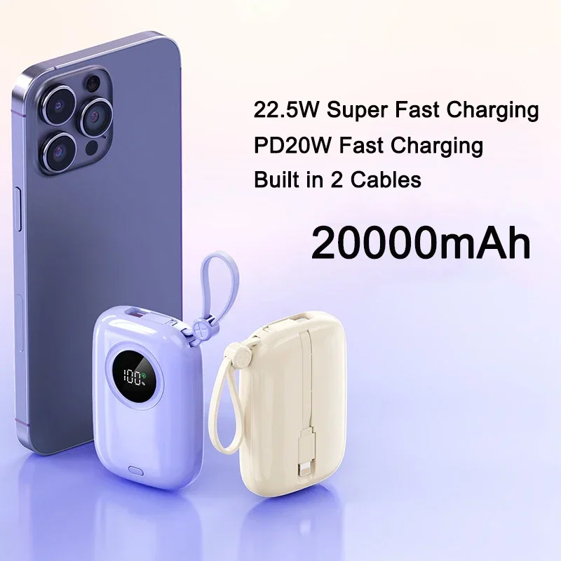 PD 22.5W Fast Charging Mini Power Bank 20000mAh Portable Charger Digital Display Powerbank With Cable for iPhone Xiaomi Samsung