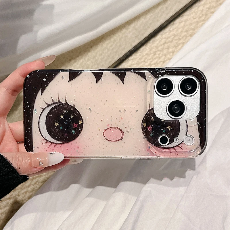 

Korean Cartoon Cute Shinning Eyes Phone Case For iPhone 17 16 15 14 13 Pro Max Glitter Big Eyes Girl Shockproof IMD Back Cover