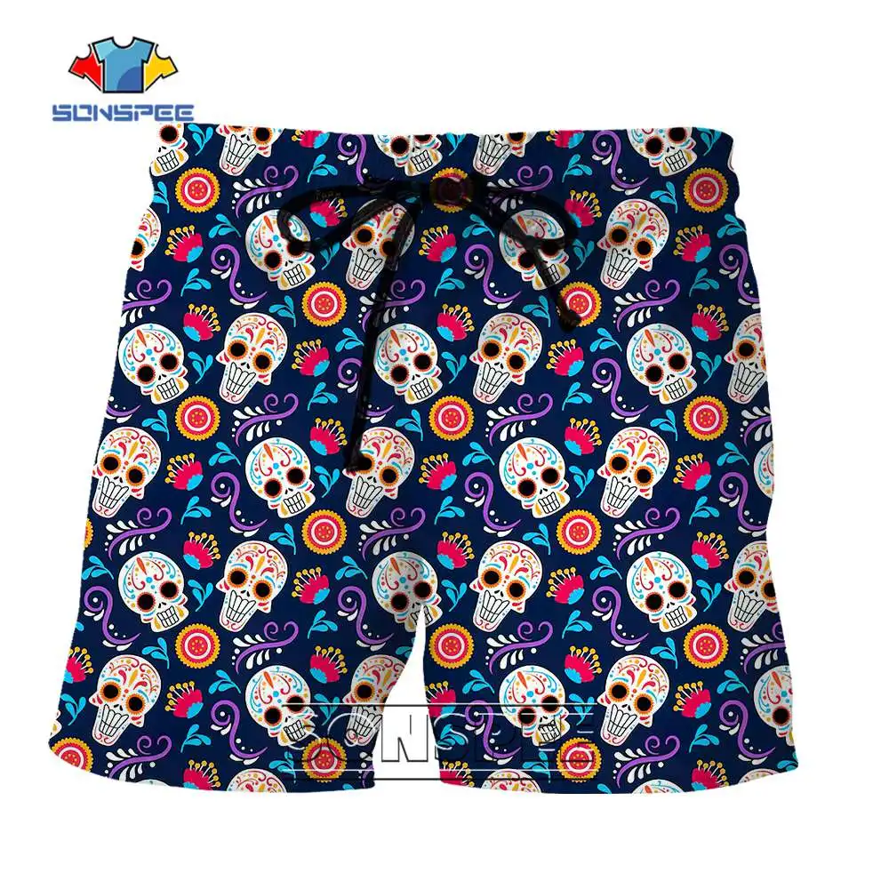

SONSPEE Summer Fun Anime Skull Flowers Print Men Shorts Fashion Casual Hip Hop Personality Sports Scanties Seaside Surf Swimwear