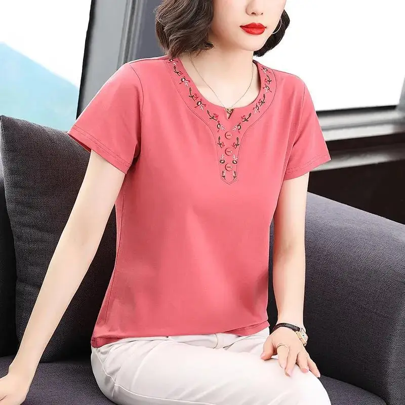 New Summer Women\'s Solid Color Splicing O-Neck Short Sleeve Loose Plus Size Thin Embroidery Button Fashion Casual Tops