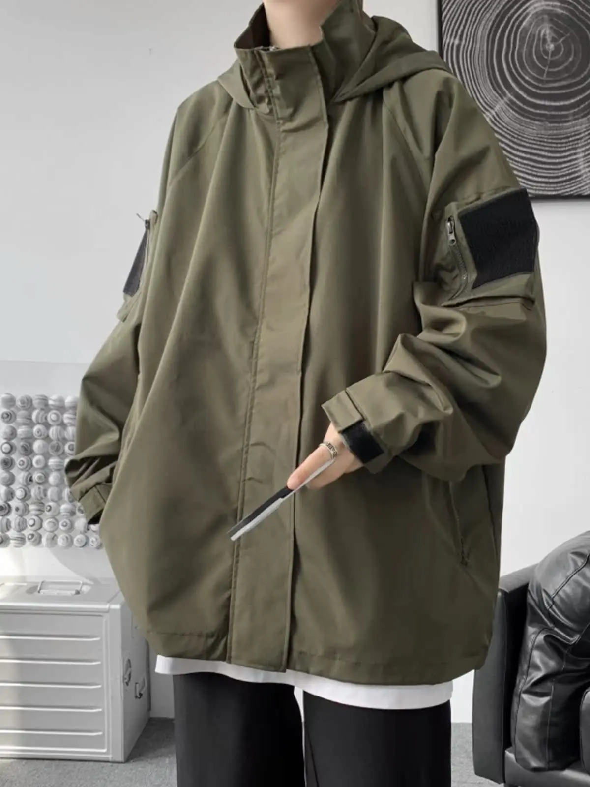 

Men's Hooded Jaet Magic Tape Workwear Spor Casual Loose Fit Fall Faion Urban Sle Long Sve Youth Outerwear