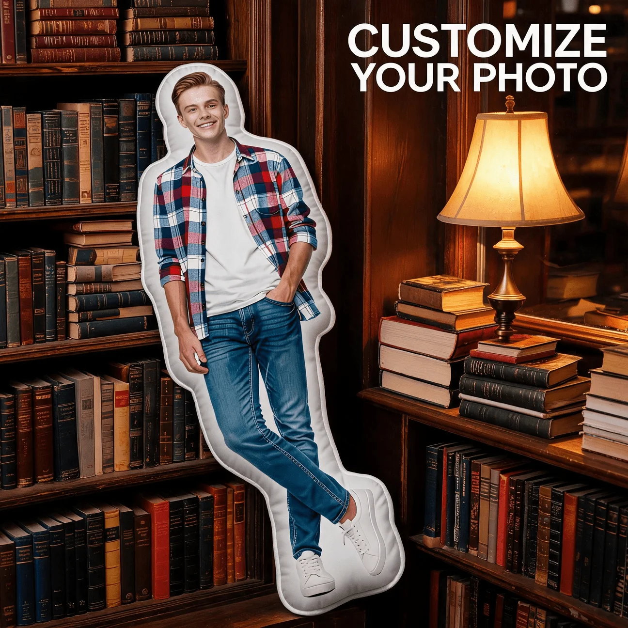 Custom Full Body Photo Shaped Pillow, Personalized Picture of Man in Plaid Shirt & Jeans Decorative Cushion, 150CM Unique Gift