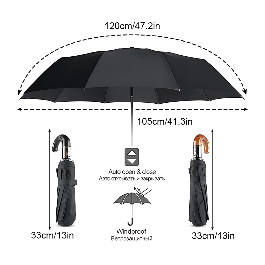 Automatic Rain Sun Umbrella Black Coating Parasol Anti-UV 3 Folding Wind Resistant Auto Luxury Big Windproof Women Men