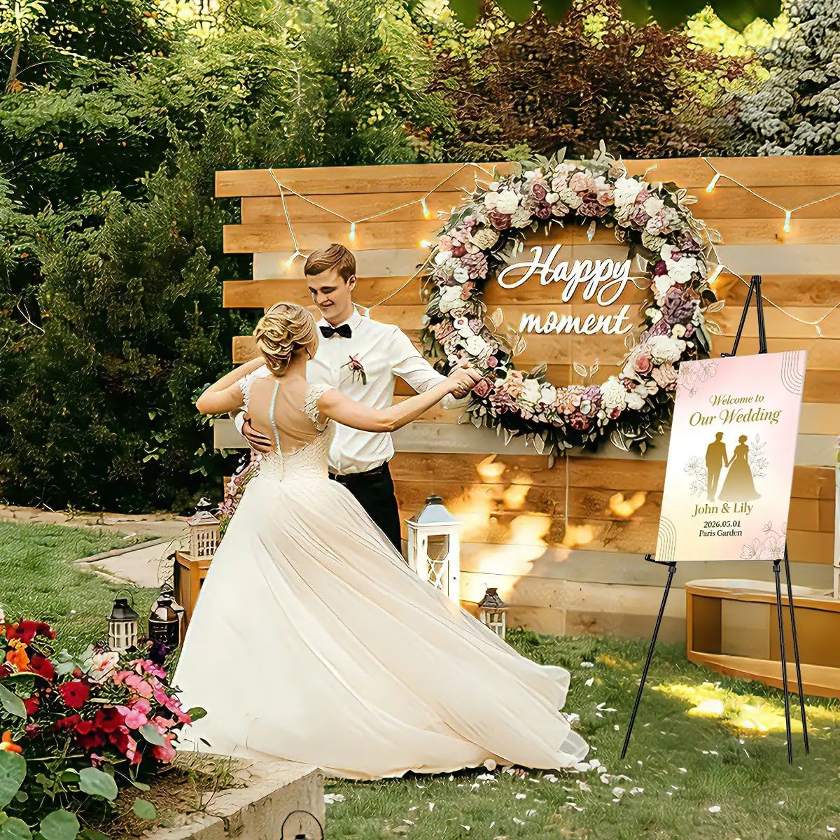Foldable Metal Tripod Easel Stand,Adjustable 31-66in Display Holder with Support Hooks,Portable A-Frame Sign Rack for Wedding Welcome Board,Party Poster,Canvas Art,Matte Black & White,15in Storage