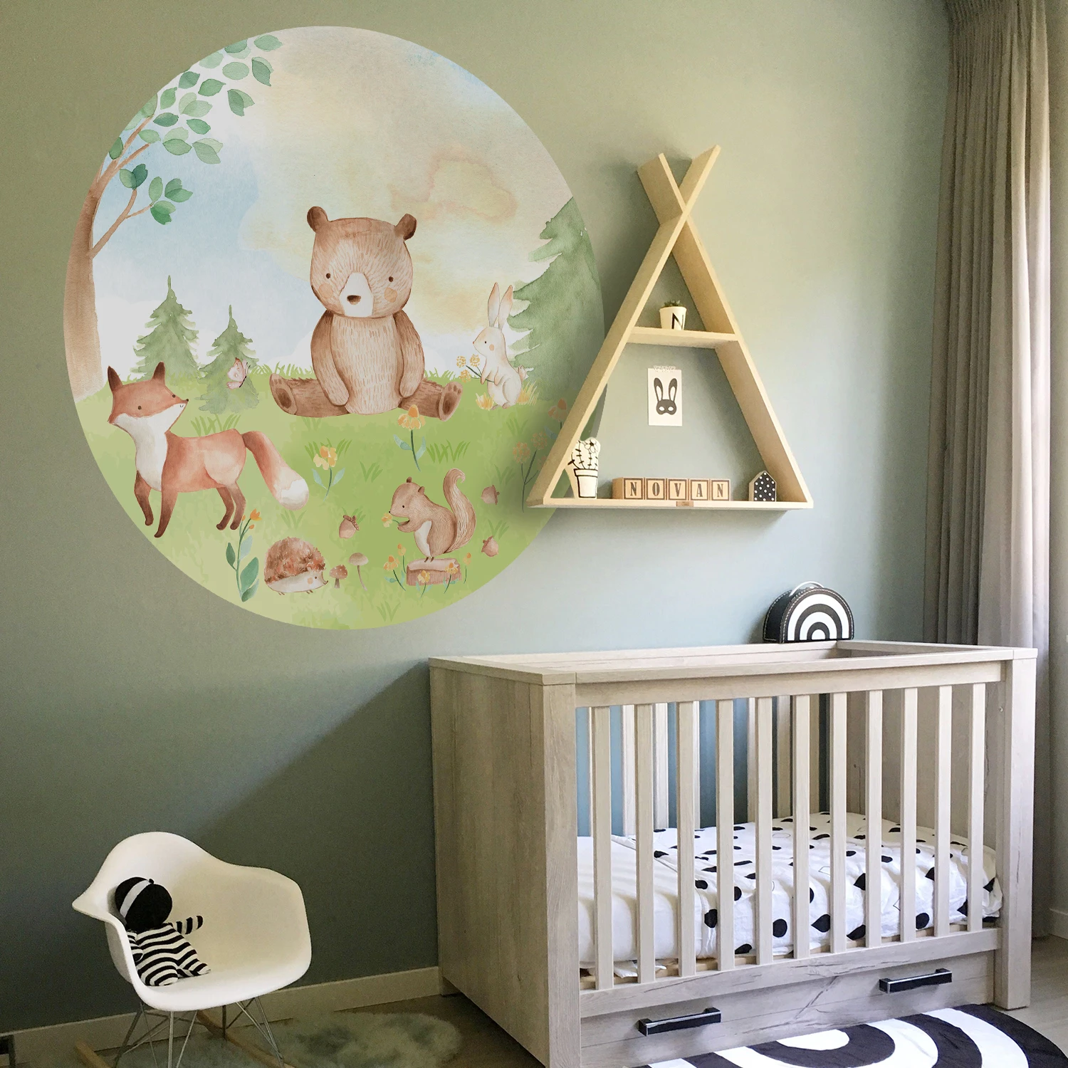 Round Woodland Animals Bear Fox Wall Stickers for Kids Rooms Nursery Wall Art Print Nordic Forest Animals Baby Bedroom Decor