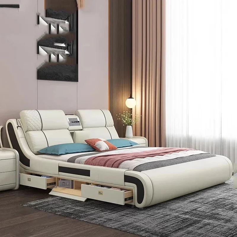 Modern Simple Massage Bed Luxury Water Proof Design Bedframe Double Bed Smart White Muebles