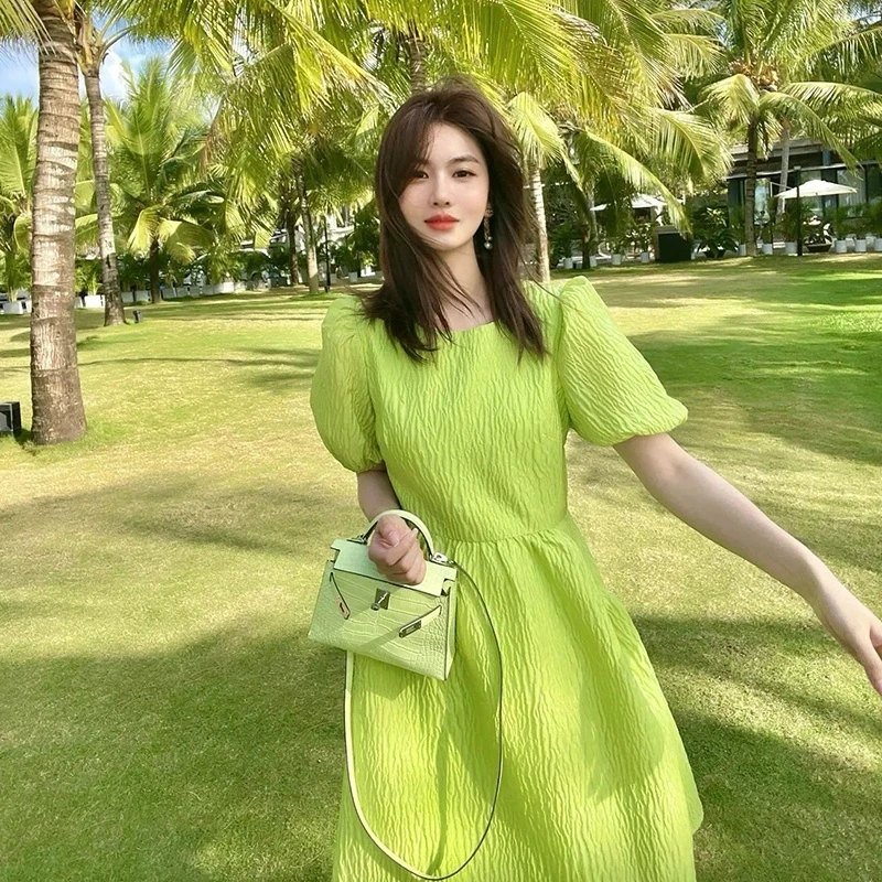 French Gentle Style Women's Summer Puff Sleeve Tutu Dress Sweet Casual Chic Party Dress Elegant Green 'First Love'
