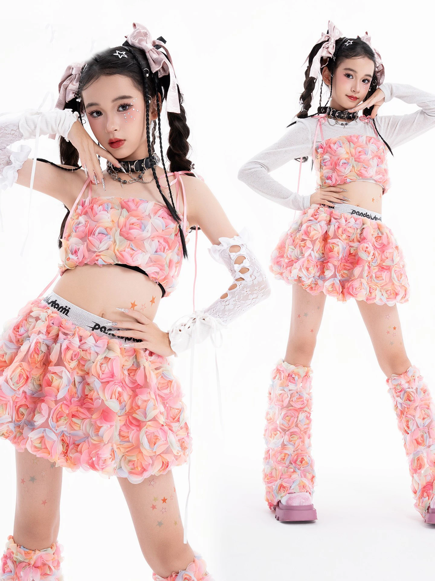

Наряды с розовыми цветами для девочек, топы для джазовых танцев, топы с пупком, юбка Kpop, подиум, концерт, сценическая одежда, модная уличная одежда L17515
