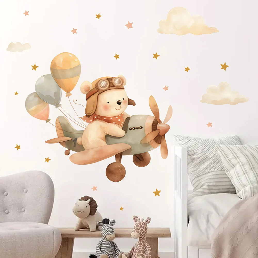 Cartoon Bear Airplane Wall Stickers, Animal Wall Stickers, for Kids Bedroom Decor Self-adhesive Wallpaper Removable Home Decor