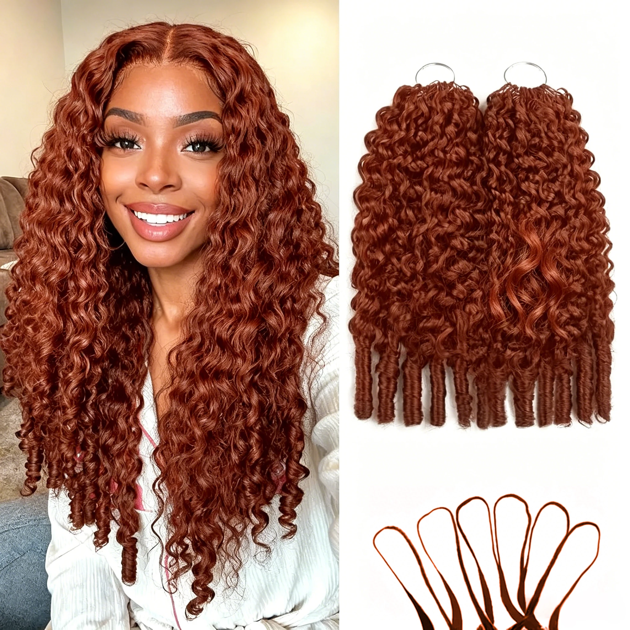 Bling Hair #33 Reddish Brown Color Burmese Curly Feather Crochet Human Hair Extensions 50g Pre-Separated Invisible Miracle Knots Feather Crochet Human Hair Extensions  For Women