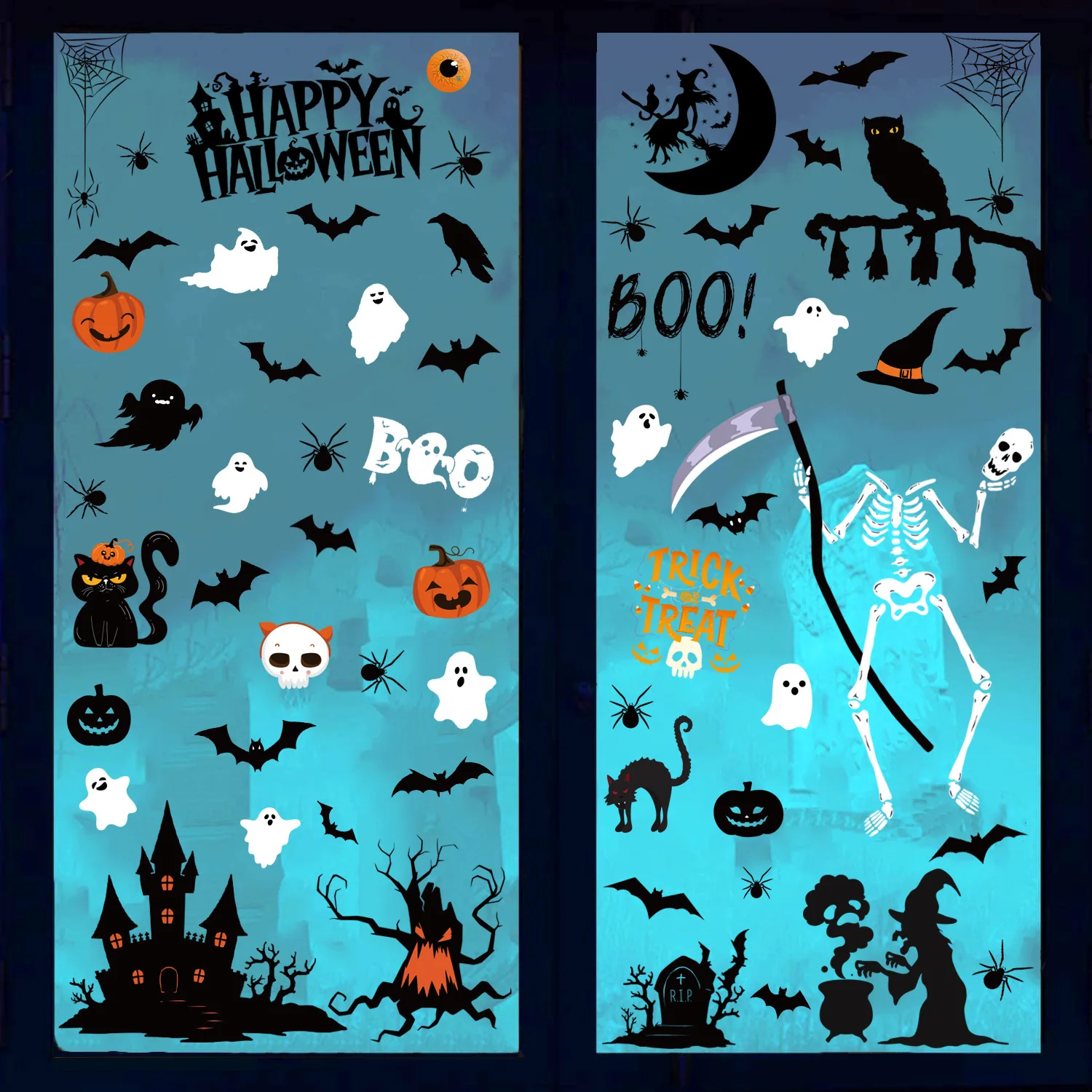 

2025 Halloween Static Window Stickers Skeleton Ghost Castle Bat Spider Window Glass Stickers