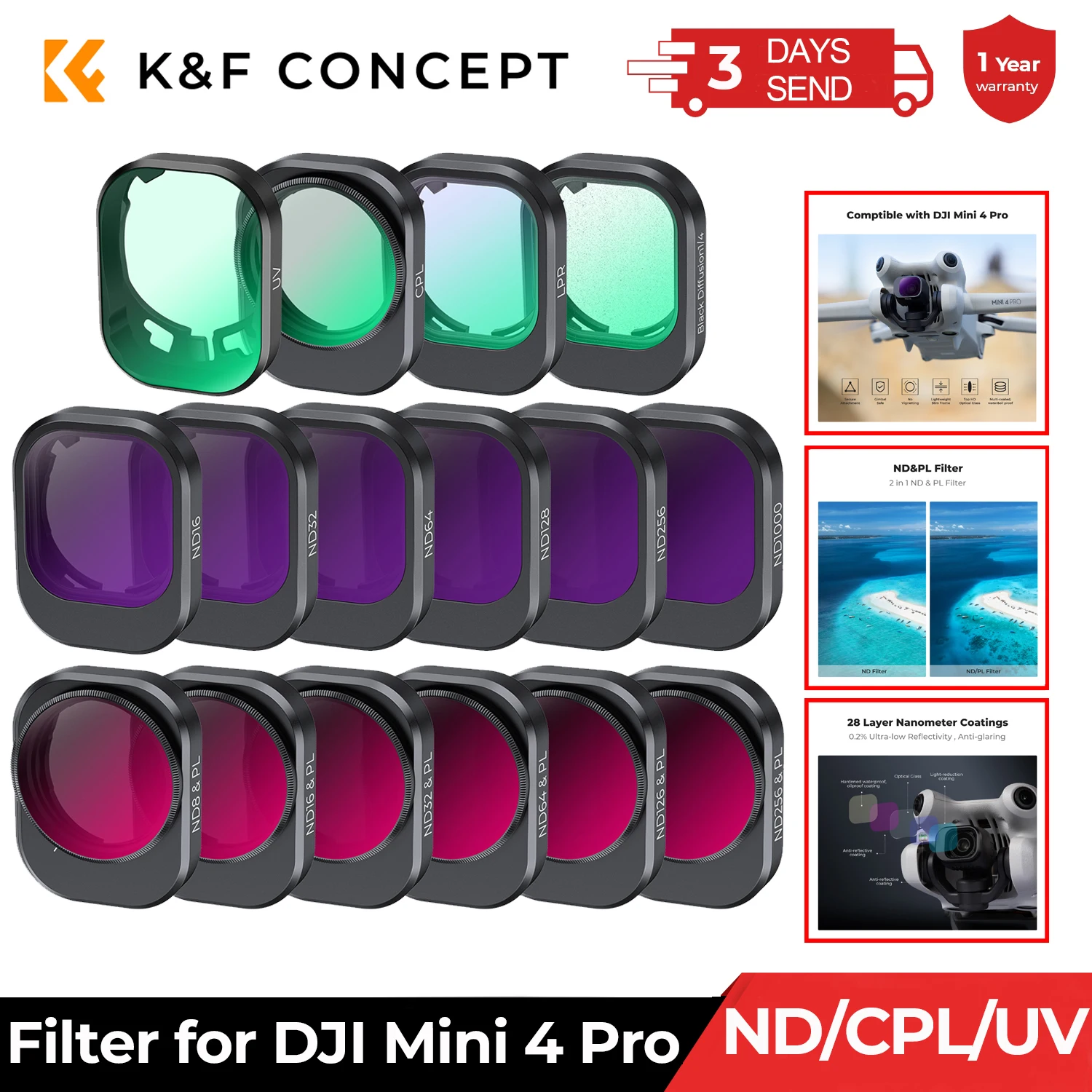 K&F CONCEPT Filtry do obiektywów dronów DJI Mini 4 Pro, zestaw filtrów UV CPL ND NDPL16 32 64 128 256 Black Mist 1/4 ND1000 do kamery