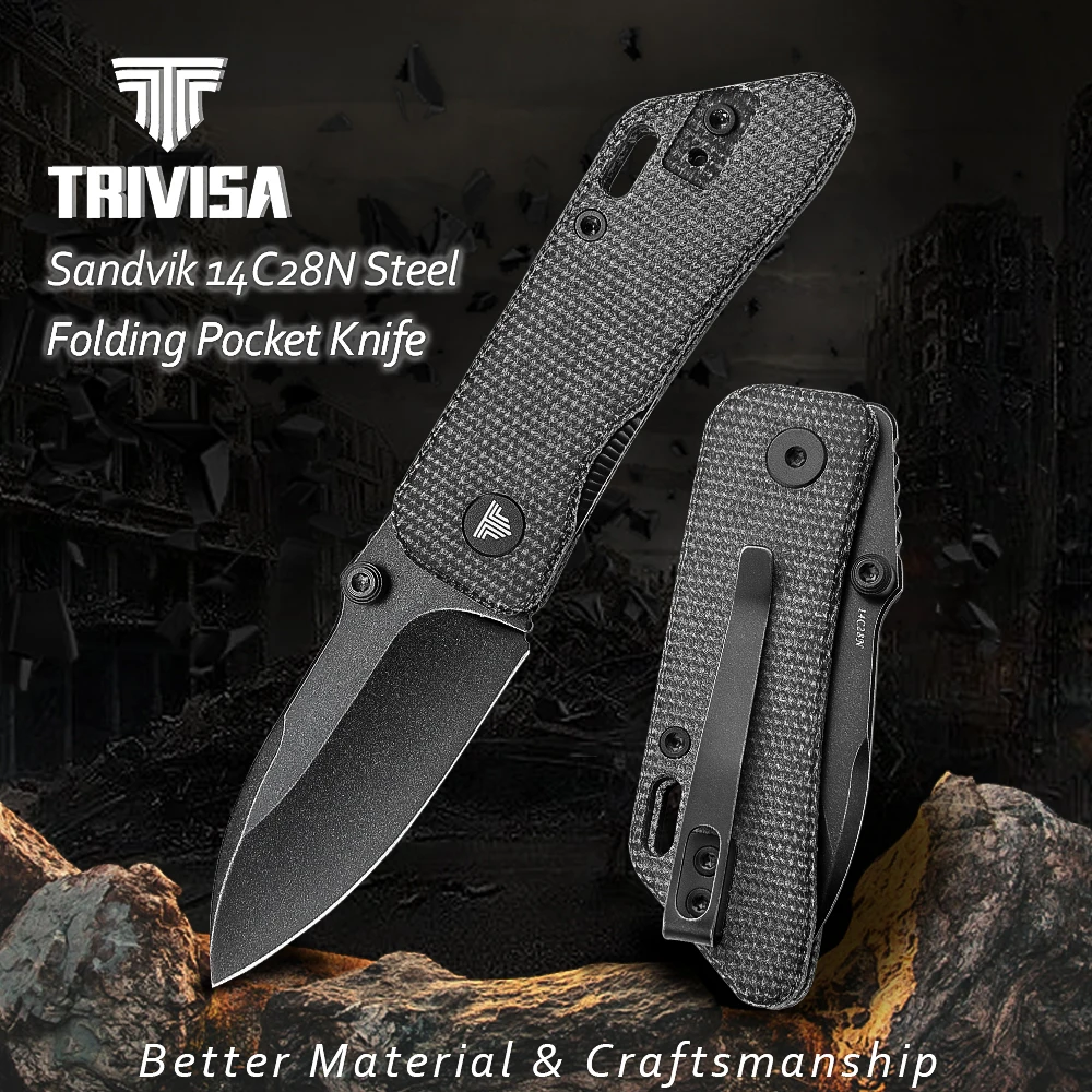 TRIVISA Small Good Folding Knife with Clip,Mini Pocket EDC Knife for Men, 2.32" 14C28N Steel Blade,Camping Tool, Micarta Handle