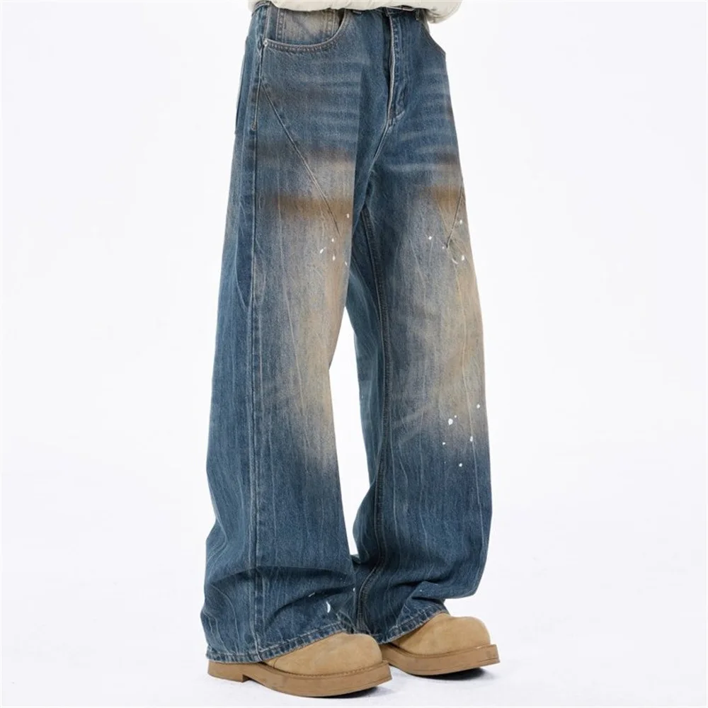 MWJLPWQ Distressed Vintage Wide-Leg Jeans Men's Retro Punk Street Style Paint Splatter Dirty Wash Loose Straight-Leg Pants 20129