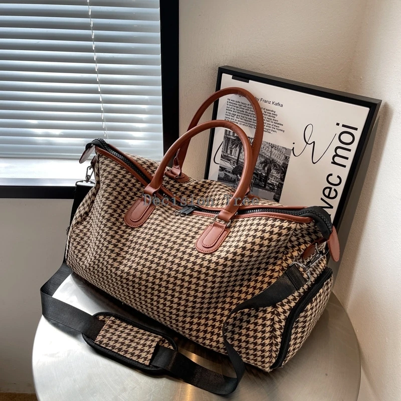 

2025 retro travel handbag plaid pattern fitness yoga bag portable duffel bag storage large capacity multi-functional bag a001