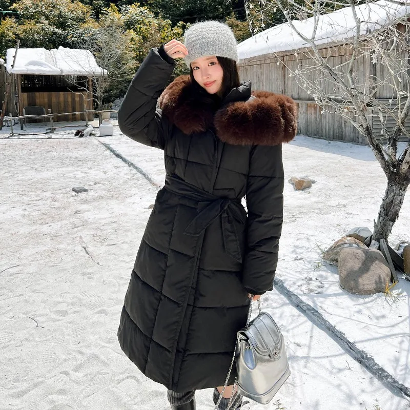 Elegant Faux Fur Trim Longline Puffer Coat Women Hooded Belted Zip Up Snap Button Thickened Thermal Insulated Windproof Winter