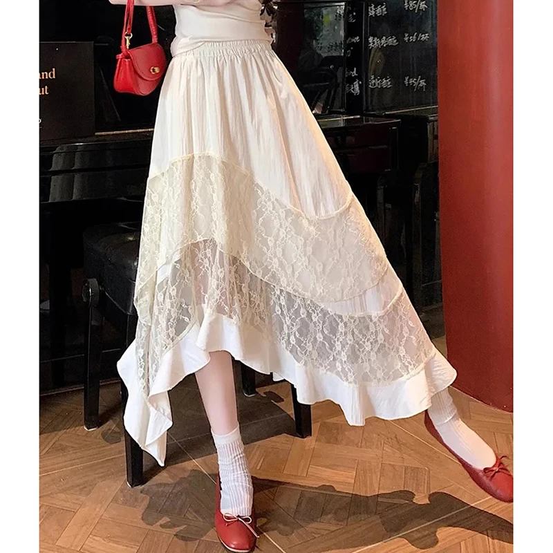 Irregular Sweet Lace Midi Skirt Women High Waisted Ruffled Pleated Skirt Preppy Style Summer Vacation Beach Tiered Cake Skirt