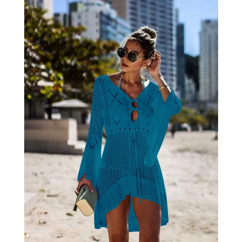 New Exquisite Design Summer Hollow Out Sun Protection Shirt Bell Sleeve Beach Cover-up Bikini Cover Knitwear Swimsuit