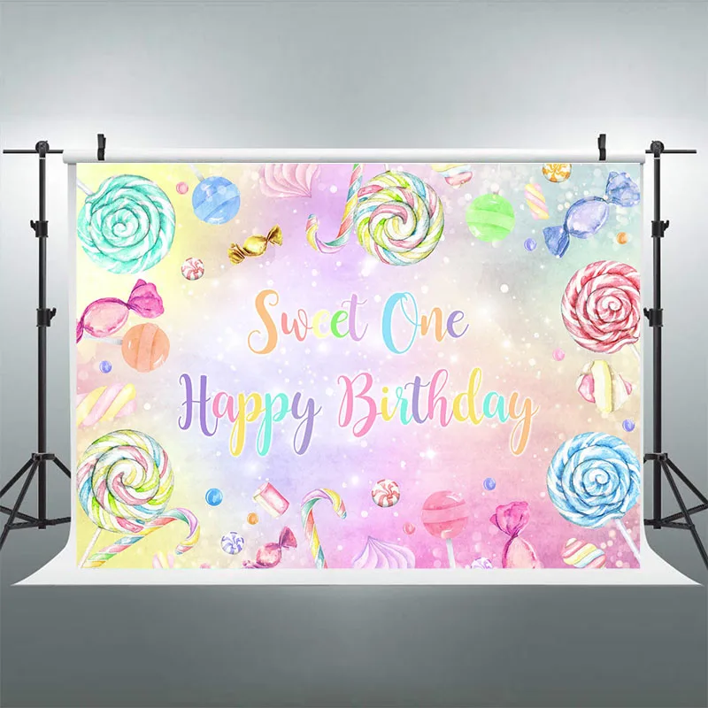 Fondo de fotografía de feliz cumpleaños Candy Sweet One, telón de fondo de piruleta de colores, pancarta de fiesta de 1er cumpleaños de niña rosa, cabina de fotos